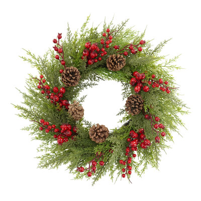 Couronne de Noël artificielle baie de cèdre et pomme de pin pour porte d'entrée