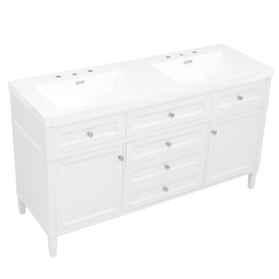 Meuble-lavabo moderne avec lavabo en résine, armoire avec 3 tiroirs et 2 portes, tablette réglable, support de rangement à fixation sur porte, mécanisme de fermeture en douceur, autoportant