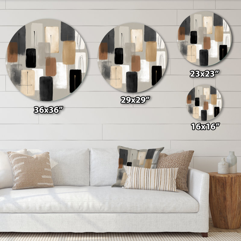 Formes noires avec mélange abstrait de minimalisme gris - Décoration murale ronde en métal moderne, L 23 po x H 23 po