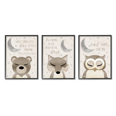 "A3-217", "Nighttime Animals And Lullabies" encadré sur bois, 3 pièces par Daniela Santiago