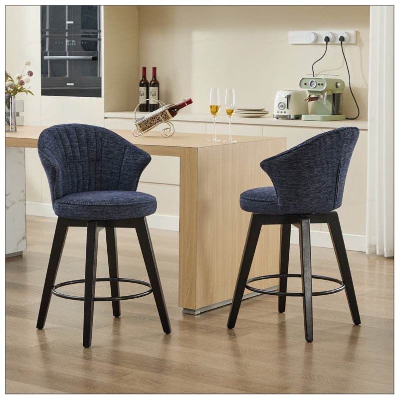 2PCS Chenille 25"Wing Back Swivel Bar Stools, Dark Blue
