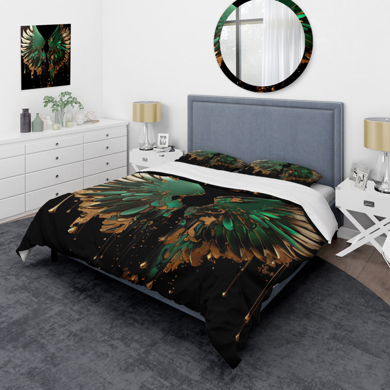 Ensemble de housse de couette vert et or Angel Wings II - Wings Angel - Microfibre polyester
