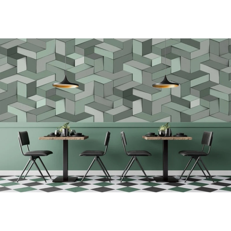 3D Isometric Cube Geometric Wallpaper – Modern Interlocking Block Pattern in Sage Green and Grey, 105.96" L x 138" W
