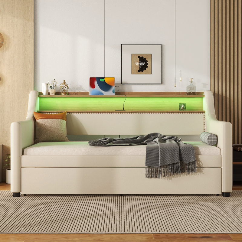 Twin Size Daybed With Trundle, Upholstered Daybed With Charging Station And LED Lights, Beige, Beige