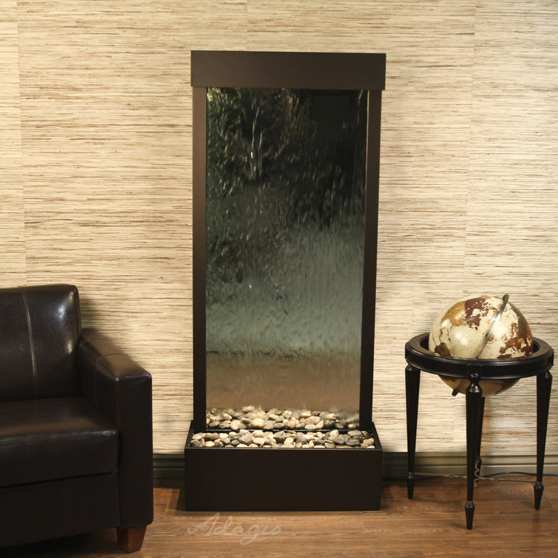 Harmony River Acrylic Waterfall Fountain with Light, Antique Bronze, Silver Mirror