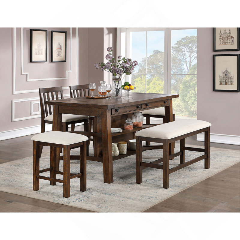 Set Of 2Pcs Counter Height Stools Dining Room Furniture Rustic Oak / Beige Fabric Cushion W/ Welt Slat Back Kitchen Breakfast