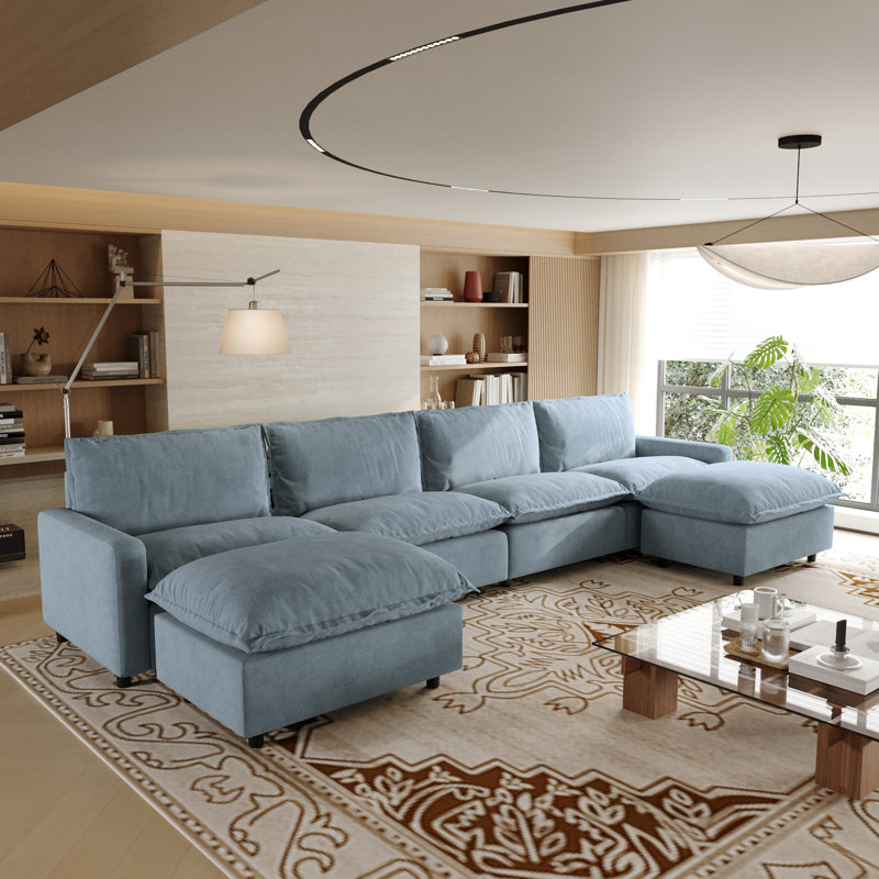 Canapé modulaire rembourré 6 pièces en tissu de lin avec repose-pieds 6 pièces, Lin bleu