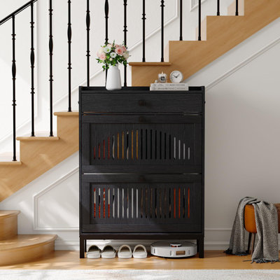 Slim 9.4" Shoe Cabinet with Flip Drawers, Adjustable Shelves, Top Storage Drawer & Side Hooks for Entryway