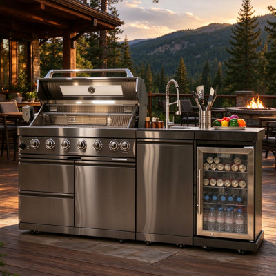 Îlot de cuisine extérieure de 85 pouces avec barbecue à gaz à 6 brûleurs, 85 000 BTU, rôtissoire, réfrigérateur et comptoir en granit