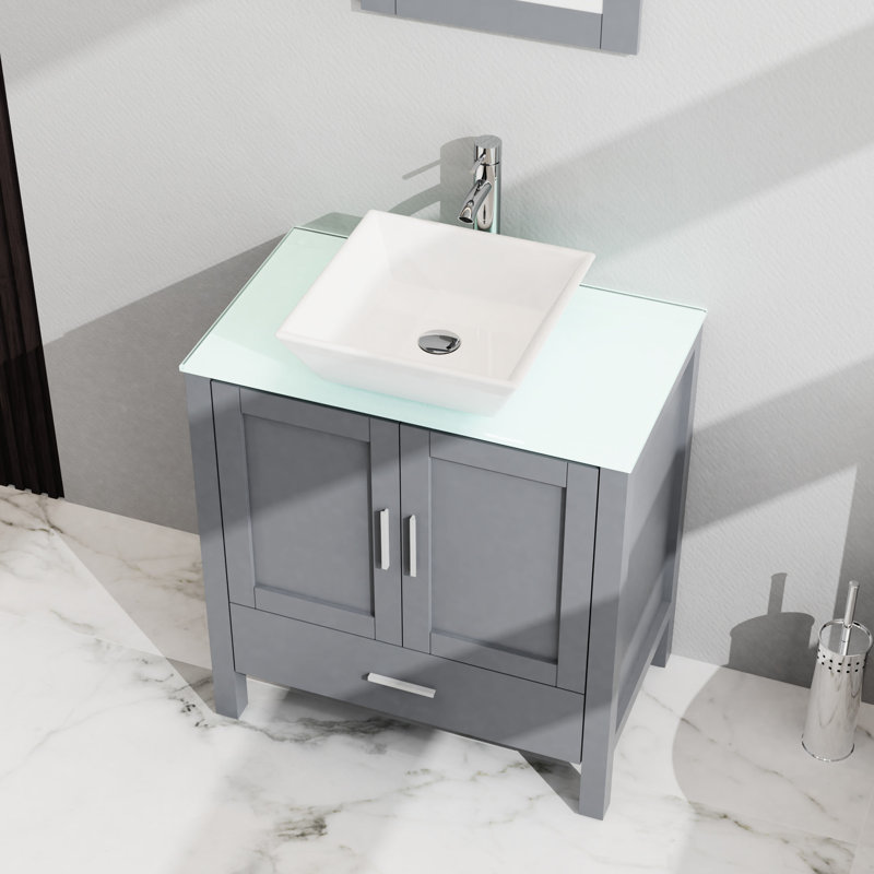 Meuble-lavabo de 30 po avec lavabo, gris. Plateau en verre trempé. 2 portes et 1 tiroir. Rangement spacieux. Armoire élégante à 2 portes de conception moderne