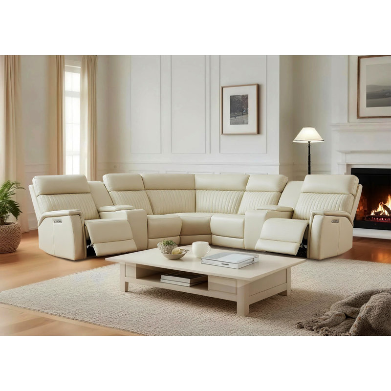 7-Piece, 2 Power Recliners Leather Reclining Sectional, Power Headrest & Lumbar, Cream Genuine Leather/Leather, Power - Dial