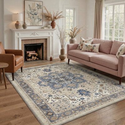 Roehit Oriental Performance Denim Blue / Beige 9'x 12' Area Rug, Machine Washable