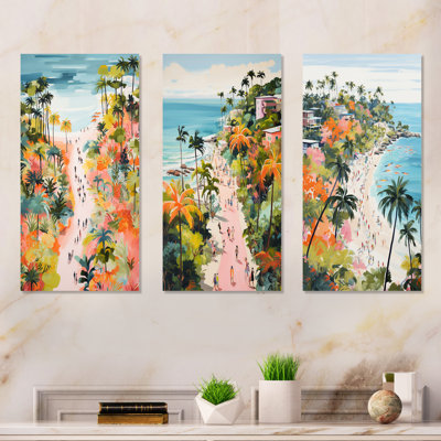 Coastal Beach Scene Paradise In Pastel Colour I - Coastal Beach Canvas Prints Set Of 3