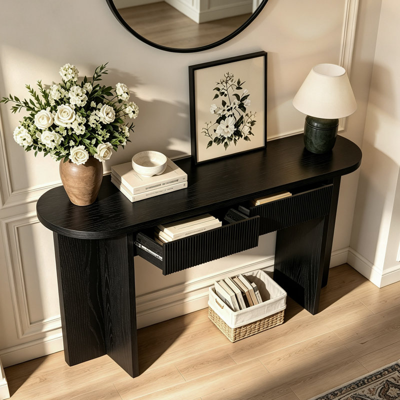 Console de 55 pouces avec 2 tiroirs de rangement cannelés pour le salon ou le couloir, Black