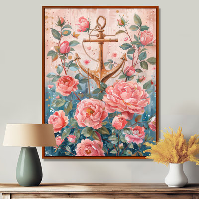 Pink Green Coastal Vintage Anchor Roses II - Coastal Wall Art