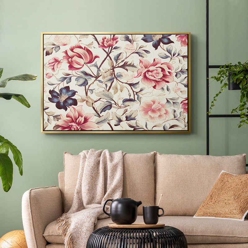 Botanique rétro - II, Toile avec cadre flottant or, H 25 po x l 37 po x P 2 po