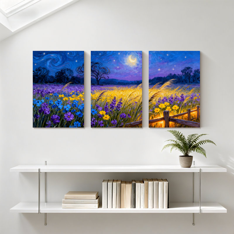 Abstrait nuit étoilée champ de fleurs, ensemble de 3 impressions sur toile, H 30 po x l 60 po