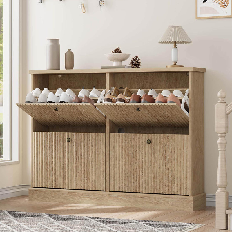Armoire à chaussures cannelée avec 4 tiroirs rabattables, rangement pour chaussures d'entrée mince avec tablettes réglables