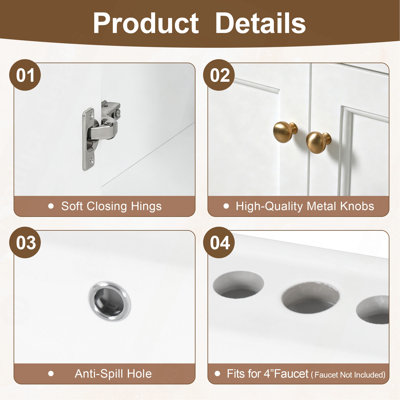 Meuble-lavabo moderne de 24 po de conception simple et élégante avec rangement à fermeture en douceur, tablette réglable, meuble-lavabo avec lavabo en céramique