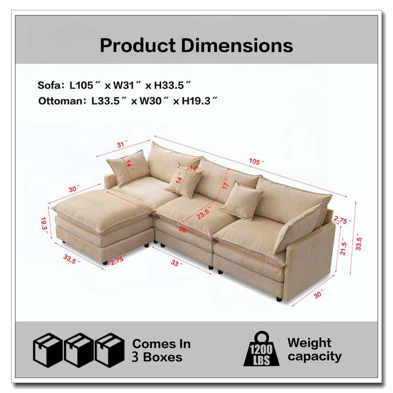 Canapé modulaire de 105 po en tissu chenille rembourré, Café clair