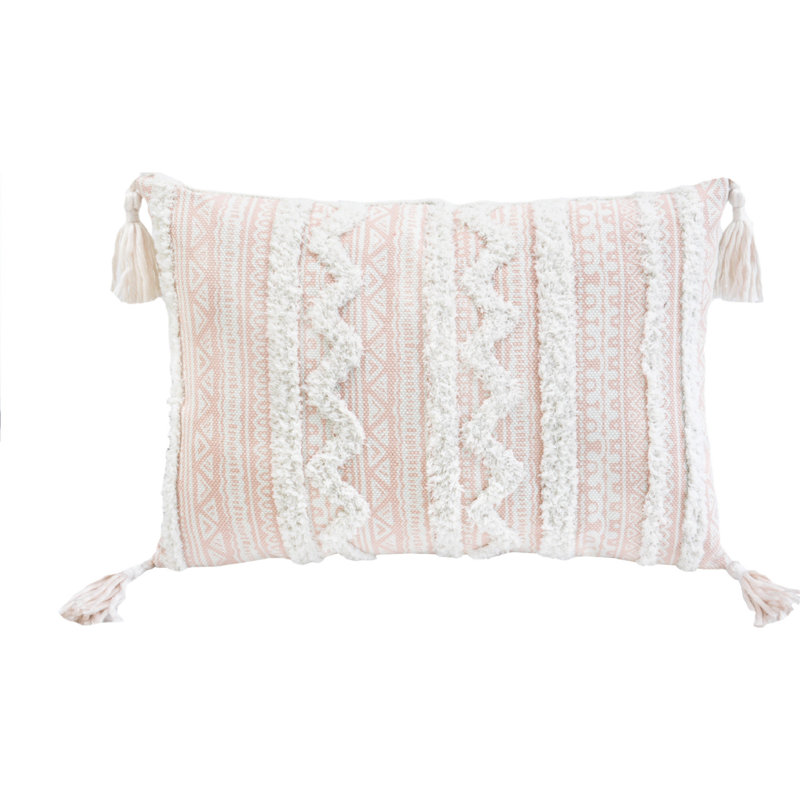 Coussin 13 "x 18" beige et blanc en damas avec fermeture à glissière en polyester et toile de jute avec pompons