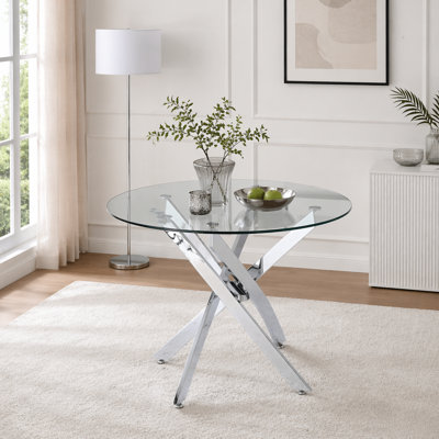Table ronde moderne en verre trempé avec cadre argenté