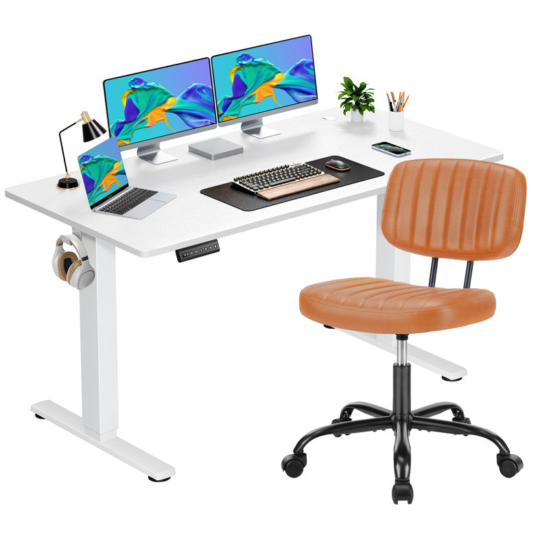 Ensemble de meubles de bureau contemporain 2 pièces - Bureau debout électrique avec fauteuil pivotant en cuir synthétique réglable