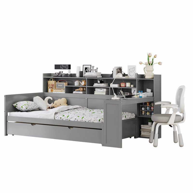 Wooden Daybed With Storage Shelves, Multi-Functional Bed With Trundle Bed And  Study Desk, Twin