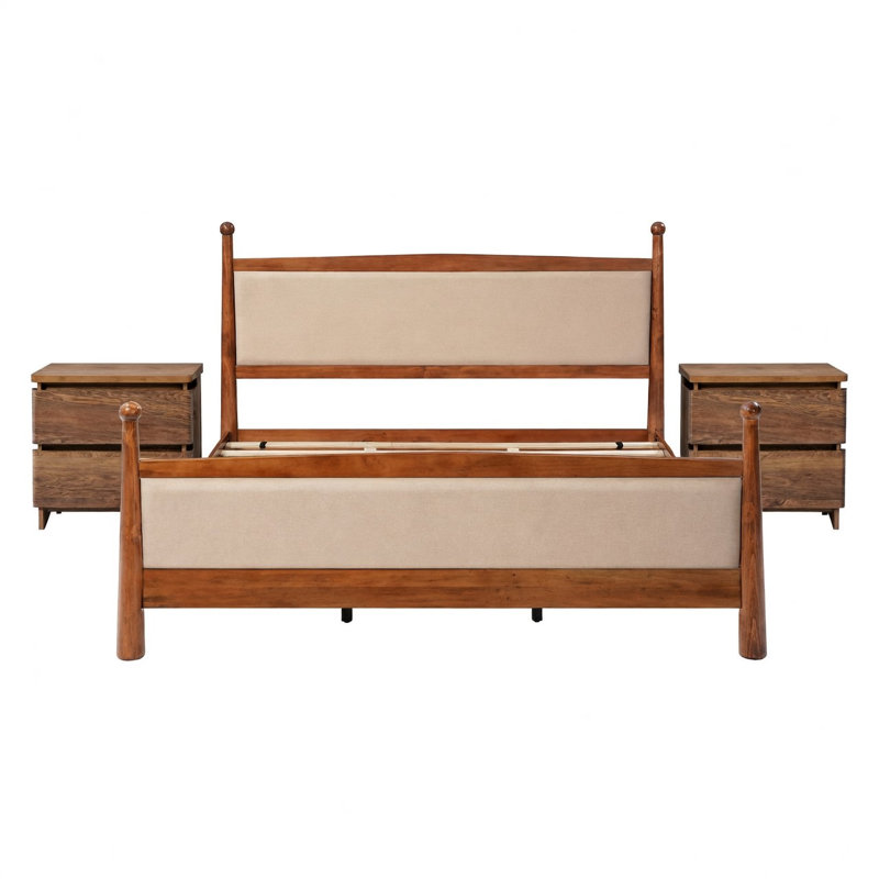Ensemble de chambre à coucher 3 pièces avec lit plateforme tapissier et 2 tables de chevet Dorsen, Beige/Cherry, King