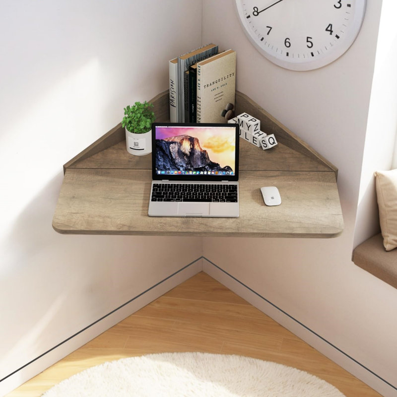 Floating Corner Desk, Wall Mounted, With Shelf For Small Space Computer,Rustic Grey