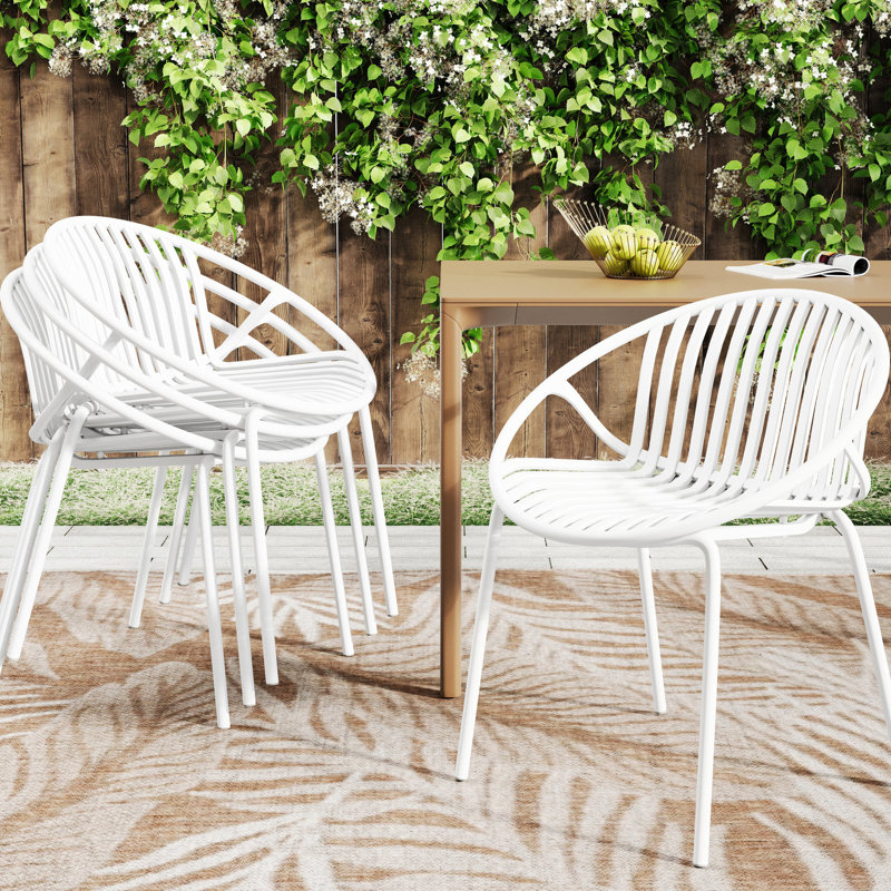 Patio Dining Chairs Of 2 - White, Stackable. Ergonomic Design With Plastic & Metal Legs. 300 Lbs Capacity. 25.12"x22.71"x30.69". Simple Assembly Process Piece Chair Legs + . Load.
