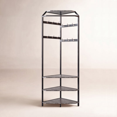 Space-Saving Semi-Circular Corner Coat Rack with Shoe Bench – 6 Double Hooks – 4-Tier Storage Shelves – Freestanding