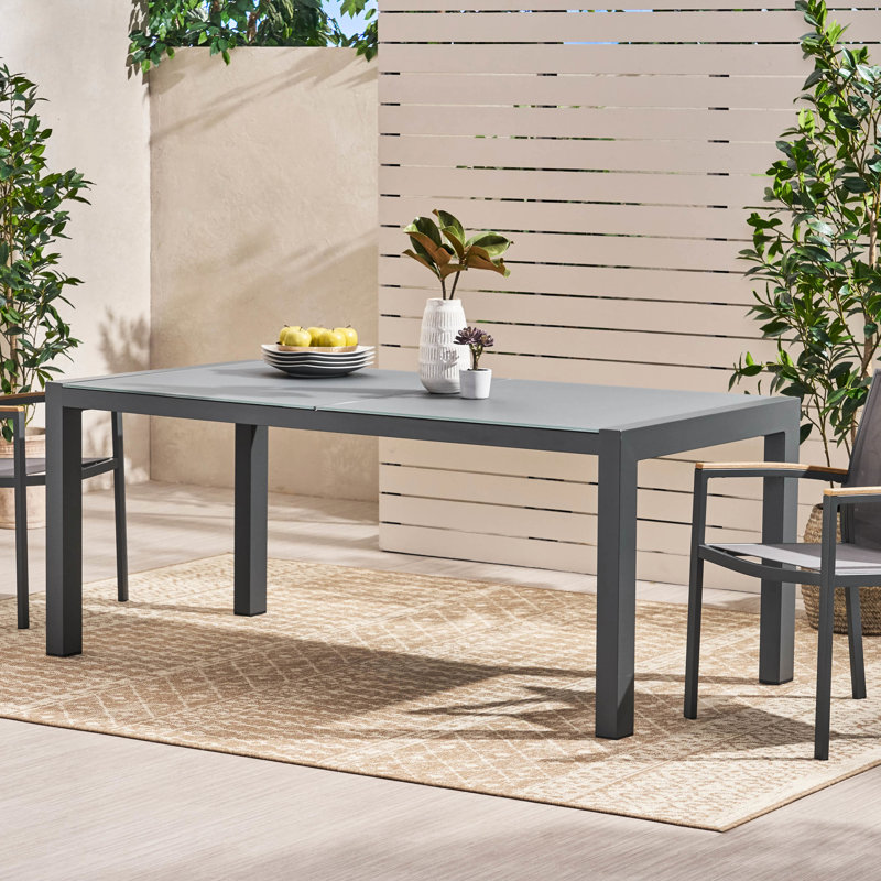 Table de salle à manger d'extérieur à structure en aluminium avec plateau en verre trempé gris, largeur de 70 pouces, table et table de rassemblement mémorable, profondeur de 36,38 po, facile à entretenir