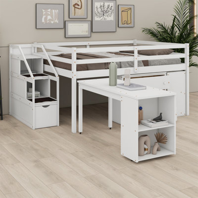 Loft Bed With Retractable Writing Desk And 3 Drawers, Wooden Loft Bed With Storage Stairs And Shelves