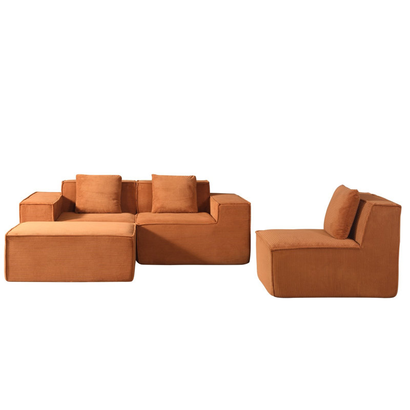 Modern Large Family Light Gray Corduroy 6Pc Sectional Set Living Room One Arm Loveseat Wedge Console Armless Chair Couch Set
