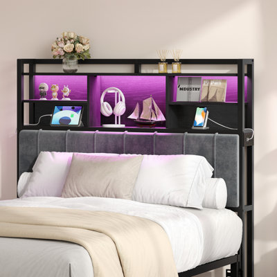 Headboard with 3-Tier Storage Shelves, Velvet Upholstered Head Board with 2 Outlets, USB Ports & LED Light, Soft Backrest