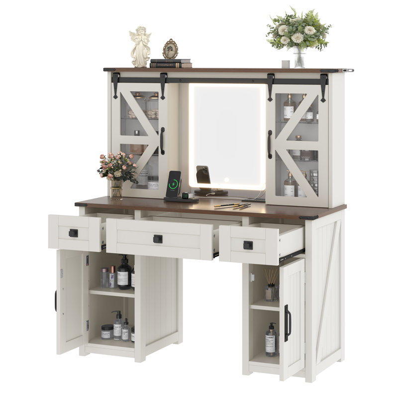 Zyronex 43.3" Farmhouse Makeup Vanity with LED Mirror, Sliding Barn Door, 3 Drawers & Charging Station
