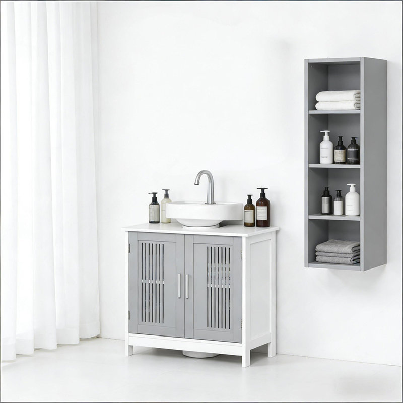 Armoire de rangement pour salle de bain à 2 portes sous le lavabo - gris et blanc, peu encombrante, tablettes réglables, fonctionnelle en gris / blanc