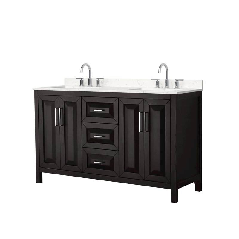 Meuble-lavabo double 60 po Daria en espresso foncé, comptoir en marbre de culture de Carrare, lavabos carrés encastrés (3 trous), garniture en chrome poli