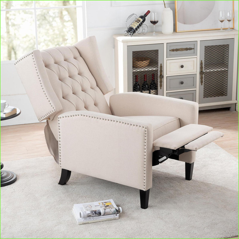 Fauteuil inclinable, fauteuil à oreilles manuel à 3 vitesses, structure en bois massif d'une largeur de 27,16 po | Tissu beige