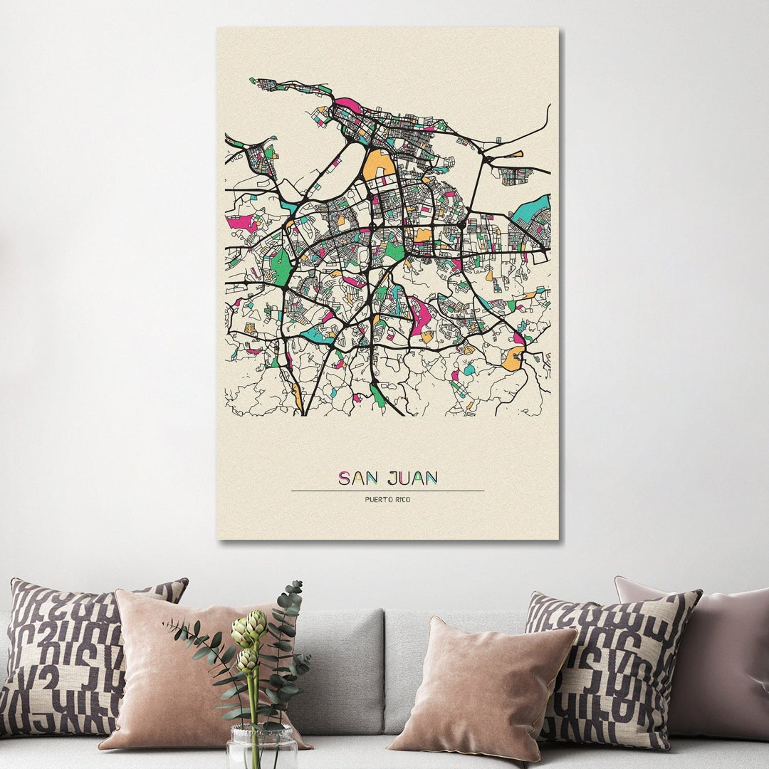 San Juan, Puerto Rico Map by Ayse Deniz Akerman - Wrapped Canvas Gallery-Wrapped Canvas Giclée
