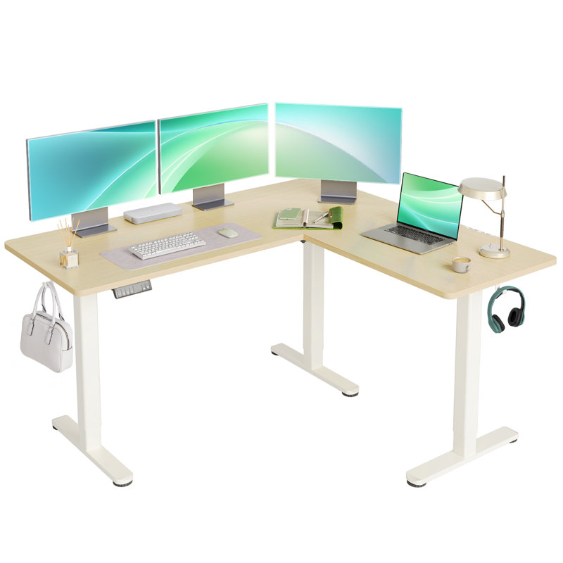 Schlater 63'' L-Shaped Height Adjustable Standing Desk, Natural, White