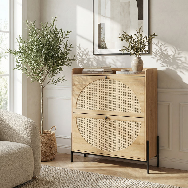 Armoire de rangement à chaussures étroite à deux tiroirs avec portes en rotin tissé - Organisateur de hall d'entrée autoportant pour espaces compacts