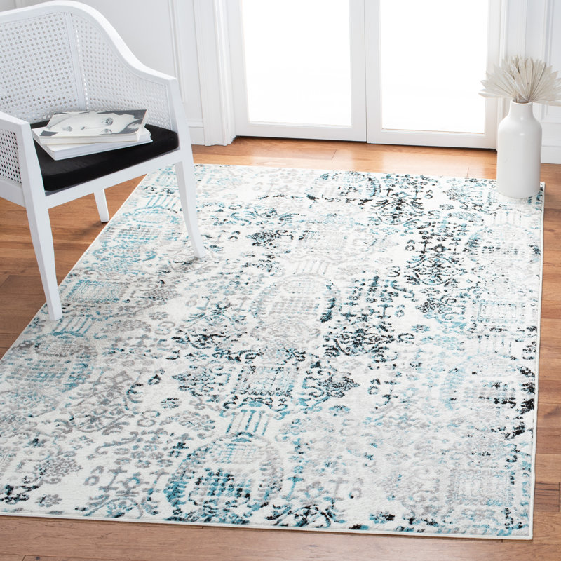 Tapis géométrique gris / bleu, Rectangle 4 pi x 6 pi