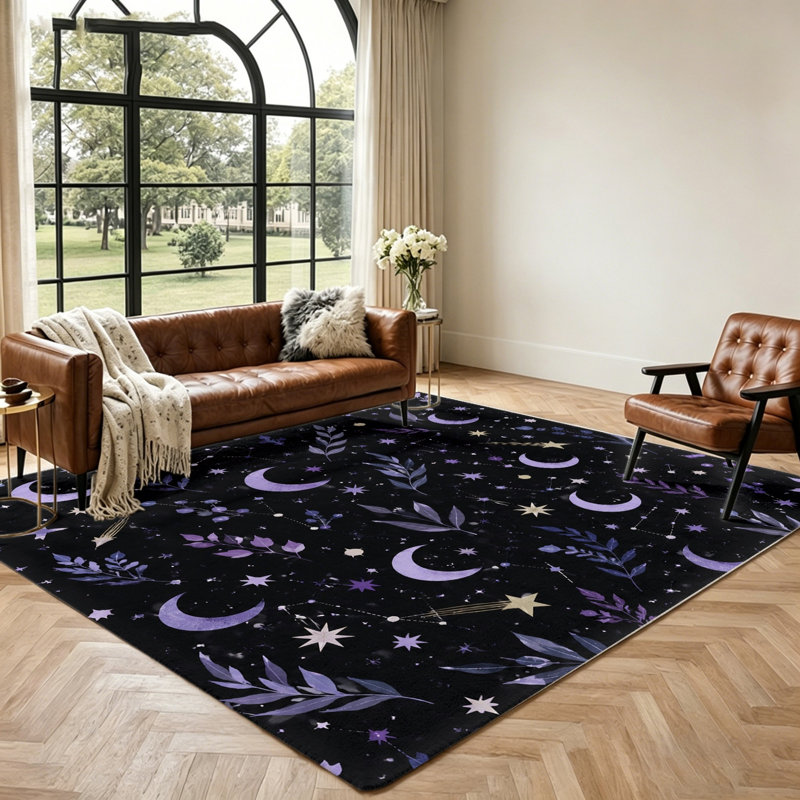Élégant tapis à motif de lune et d'étoiles célestes, conception de constellation artistique, surface moelleuse confortable, envers antidérapant, tapis de sol lavable pour le salon, la chambre à coucher, la décoration intérieure, unique