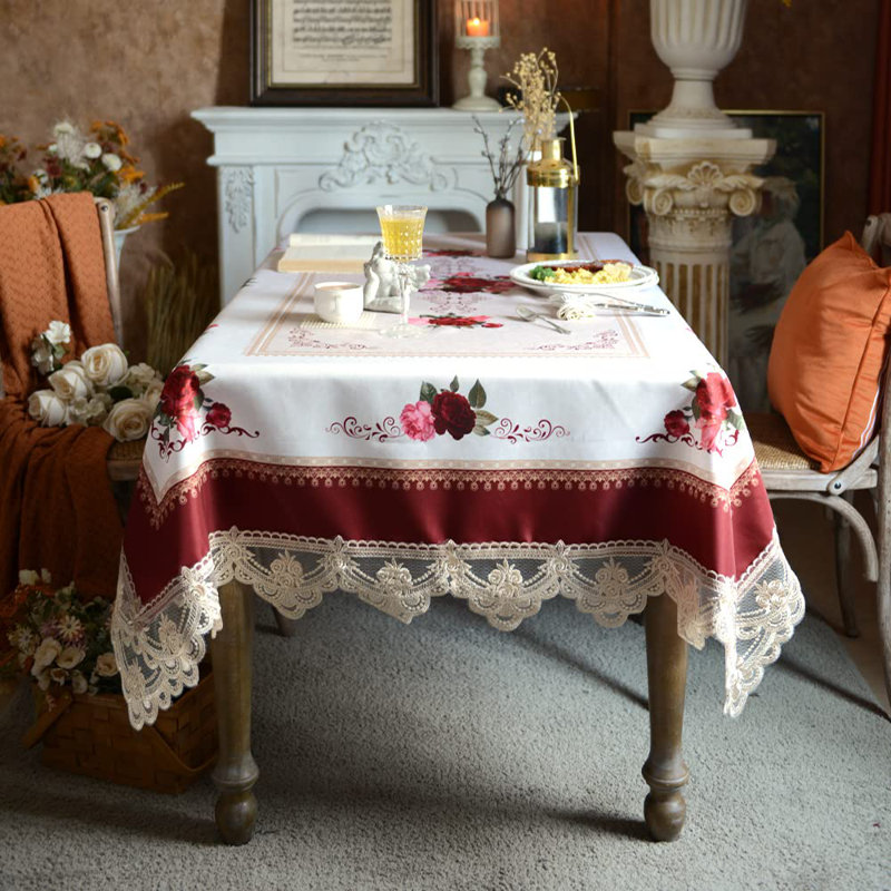 Burgundy and White Lace Embroidered Rectangular Tablecloth