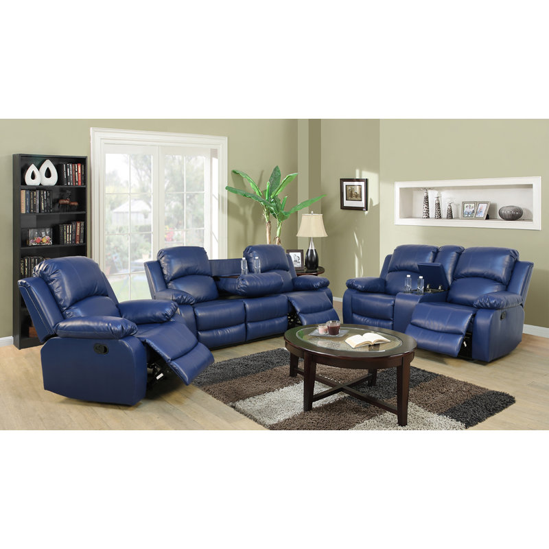3 Piece Vegan Leather Manual Reclining Living Room Sofa Set, Blue Faux Leather