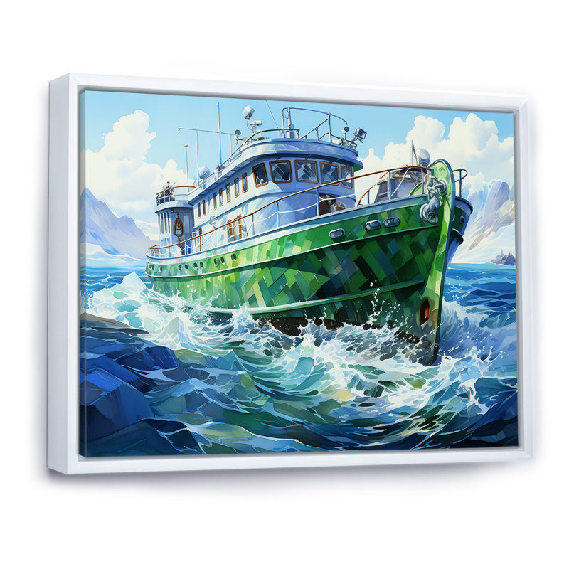 «Green Cubist», art mural mural, Cadre flottant blanc, H 30 po x l 40 po x P 1,5 po