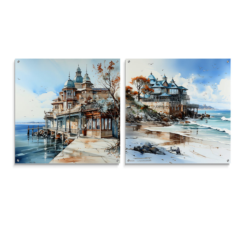 «Beach House Charm In Winter - Coastal Pier», ensemble de 2 peintures murales en acrylique, H 16 po x l 33 po