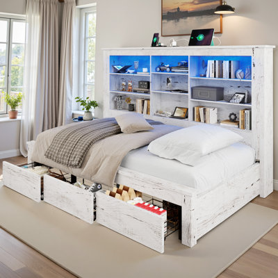 Bookcase Bed with LED Light and Underbed Drawers, Storage Headboard Platform Bed for Teens